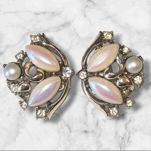 Vintage Richelieu AB Aurora Borealis Rhinestone Navette Clip Earrings